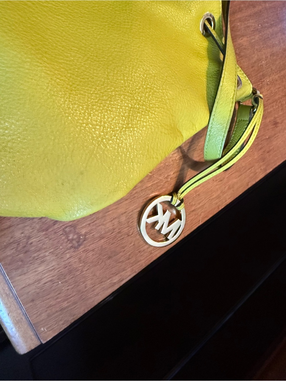 Bright Green  Leather Drawstring Tote Bag By Michael Kors - Picture 5 of 13